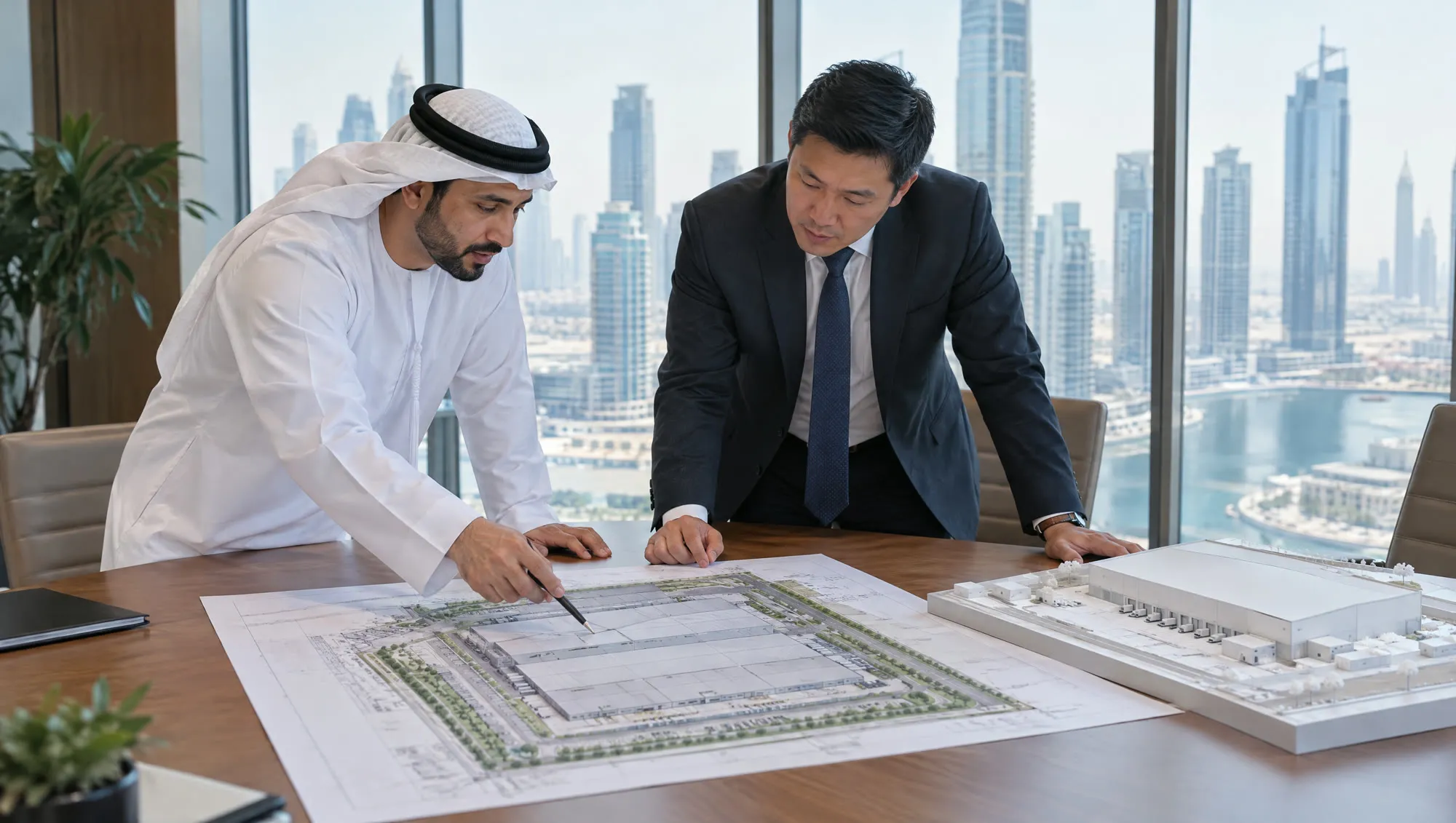 Two partners reviewing an industrial site plan in a Dubai office